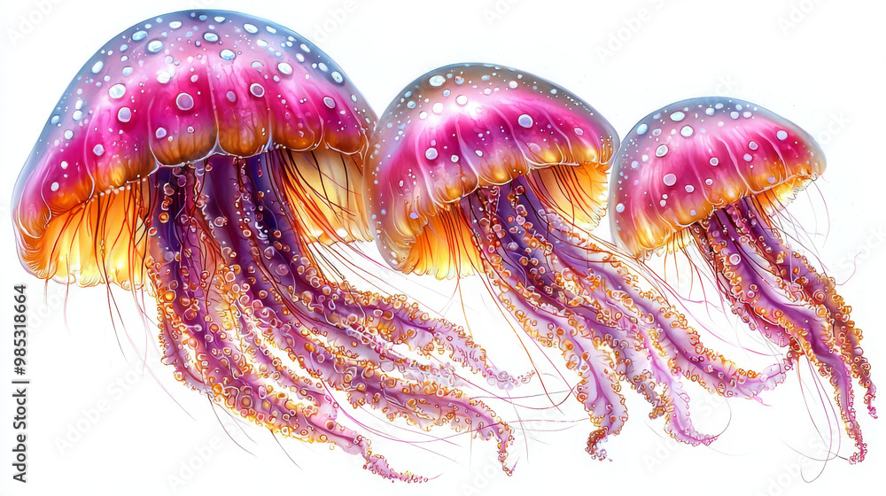 Fototapeta premium Three vibrant jellyfish with pink and orange hues drift gracefully.