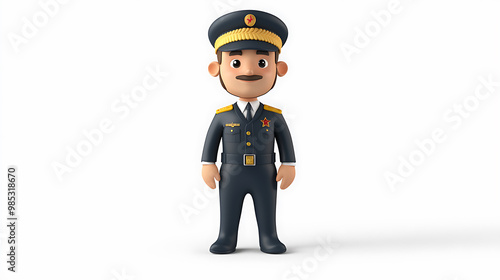 cheerful cartoon pilot in uniform stands confidently, showcasing friendly demeanor. character features detailed pilots outfit, complete with cap and insignia, perfect for various creative projects