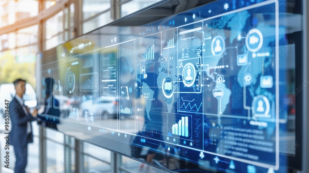 A businessman is analyzing data on a futuristic digital screen in a modern office A businessman is analyzing data on a futuristic digital screen in a modern office