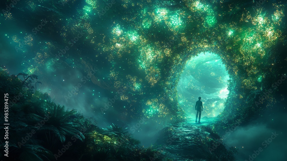A shimmering portal opens in a bright, futuristic sky, leading to a parallel universe filled with giant bioluminescent plants, Sci-fi, Neon greens and blues, Hyperrealism, Intricate detail A shimmering portal opens in a bright, futuristic sky, leading to a parallel universe filled with giant bioluminescent plants, Sci-fi, Neon greens and blues, Hyperrealism, Intricate detail