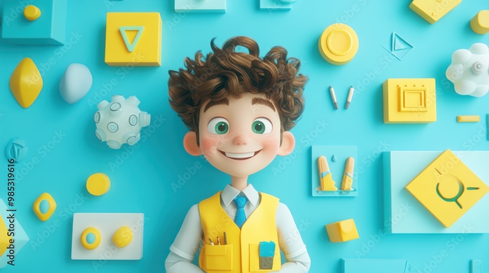 A cheerful cartoon character surrounded by colorful geometric shapes and educational tools. A cheerful cartoon character surrounded by colorful geometric shapes and educational tools.