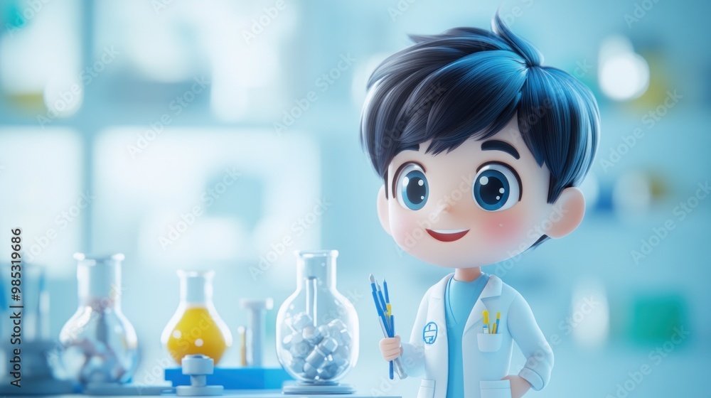 A cheerful young scientist in a lab, holding tools with colorful beakers in the background. A cheerful young scientist in a lab, holding tools with colorful beakers in the background.
