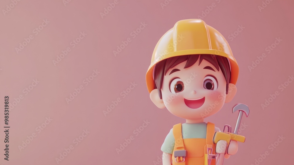 A cheerful cartoon boy wearing a hard hat and holding tools, representing construction. A cheerful cartoon boy wearing a hard hat and holding tools, representing construction.