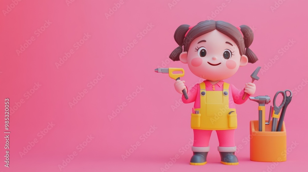 A cheerful cartoon girl holding tools, promoting creativity and DIY activities. A cheerful cartoon girl holding tools, promoting creativity and DIY activities.