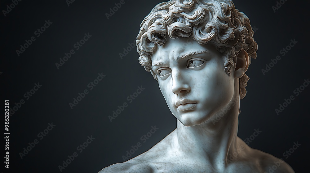 Close-up of a marble sculpture of a young man's bust against a dark background. Close-up of a marble sculpture of a young man's bust against a dark background.