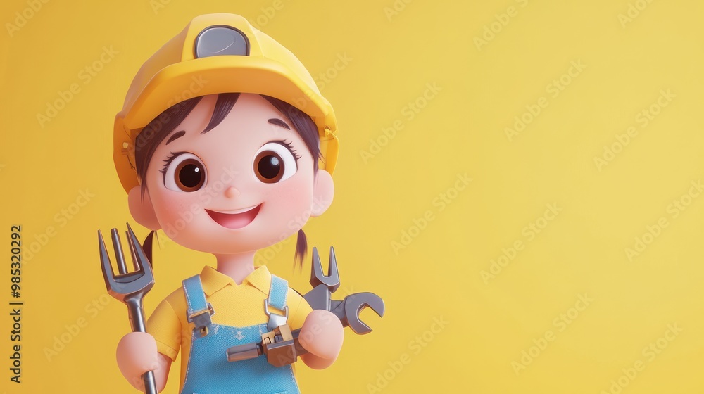 A cheerful cartoon character in a hard hat holding tools, promoting construction and safety. A cheerful cartoon character in a hard hat holding tools, promoting construction and safety.