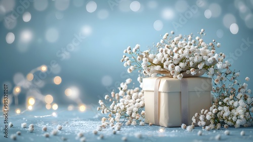 Gift box with flowers on a light table