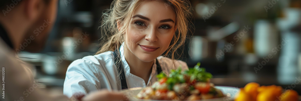 Naklejka premium Young woman chef serving a dish with a smile.
