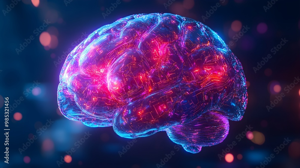 Brain made of glass and chrome, interwoven with holographic circuits glowing in vibrant colors, Futuristic, Neon colors, Photorealistic, Glowing circuitry details Brain made of glass and chrome, interwoven with holographic circuits glowing in vibrant colors, Futuristic, Neon colors, Photorealistic, Glowing circuitry details