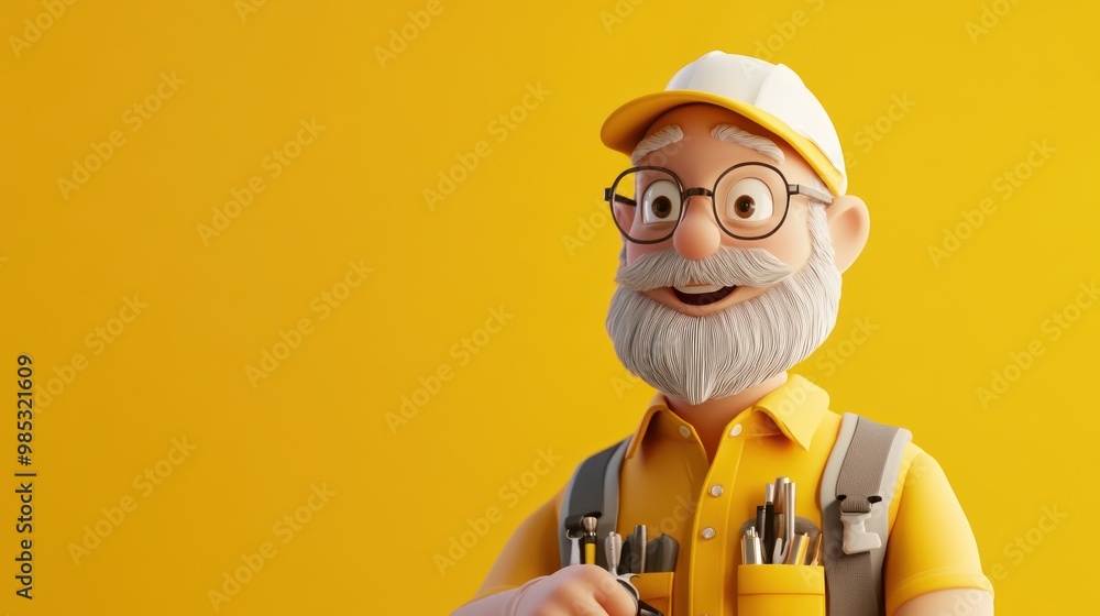 A cheerful elderly man with glasses and a white beard, dressed as a handyman against a yellow background. A cheerful elderly man with glasses and a white beard, dressed as a handyman against a yellow background.