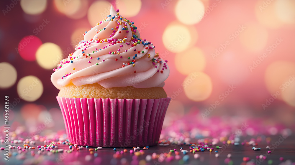 A pink cupcake with sprinkles on top and hearts in the air. The cupcake is placed on a table with a pink background A pink cupcake with sprinkles on top and hearts in the air. The cupcake is placed on a table with a pink background