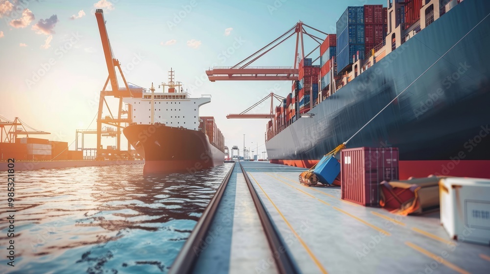 Naklejka premium Large cargo ship docked at empty port with stacked containers and idle cranes, symbolizing port strike and industrial tension.