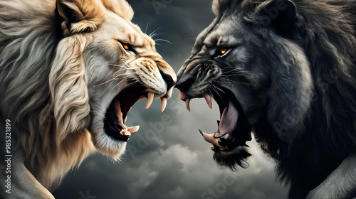 Two lions face to face in what appears to be a great fight. Generated by AI.