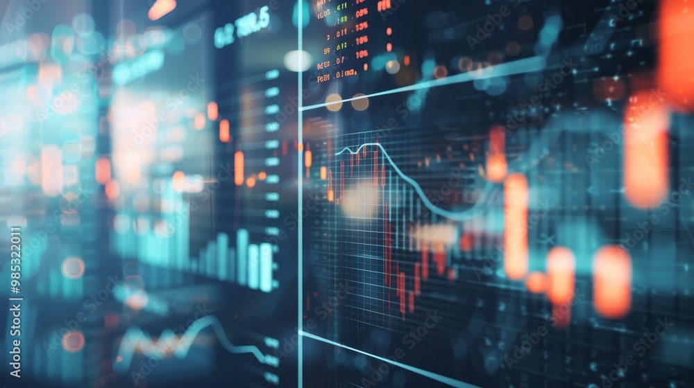 Close-up of digital screen showing downward-trending line graph symbolizing Fed rate cut, surrounded by financial charts and news headlines, key financial indicator visualization. Close-up of digital screen showing downward-trending line graph symbolizing Fed rate cut, surrounded by financial charts and news headlines, key financial indicator visualization.