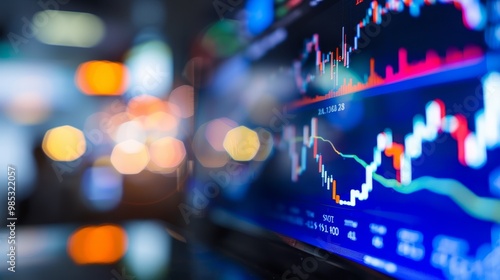 Close-up of digital screen showing downward-trending line graph symbolizing Fed rate cut, surrounded by financial charts and news headlines, key financial indicator visualization.