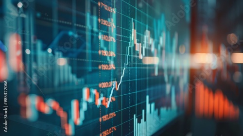 Close-up of digital screen showing downward-trending line graph symbolizing Fed rate cut, surrounded by financial charts and news headlines, key financial indicator visualization.