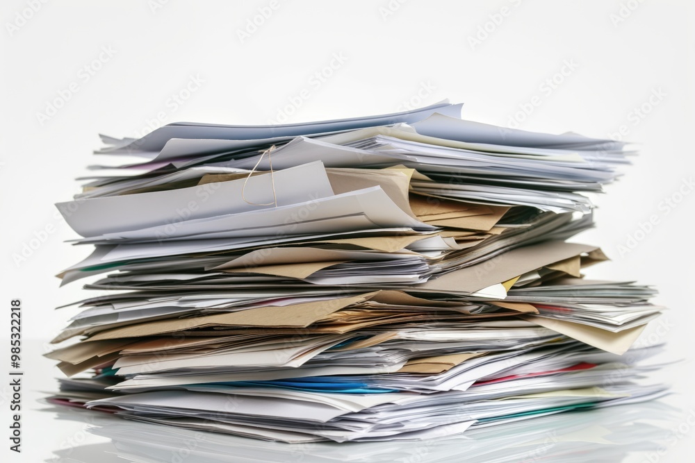 Pile of papers on white background. Stack of documents in heap. Business and corporate paperwork, files, and records in binder. Blue and red labels on papers. Office supplies and storage for library. Pile of papers on white background. Stack of documents in heap. Business and corporate paperwork, files, and records in binder. Blue and red labels on papers. Office supplies and storage for library.