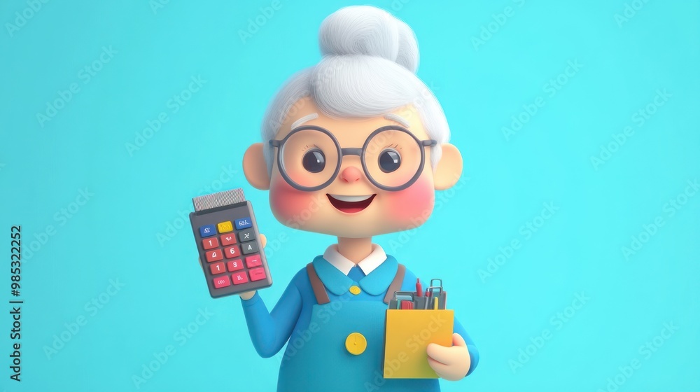 A cheerful elderly character holding a calculator and stationery items against a bright background. A cheerful elderly character holding a calculator and stationery items against a bright background.