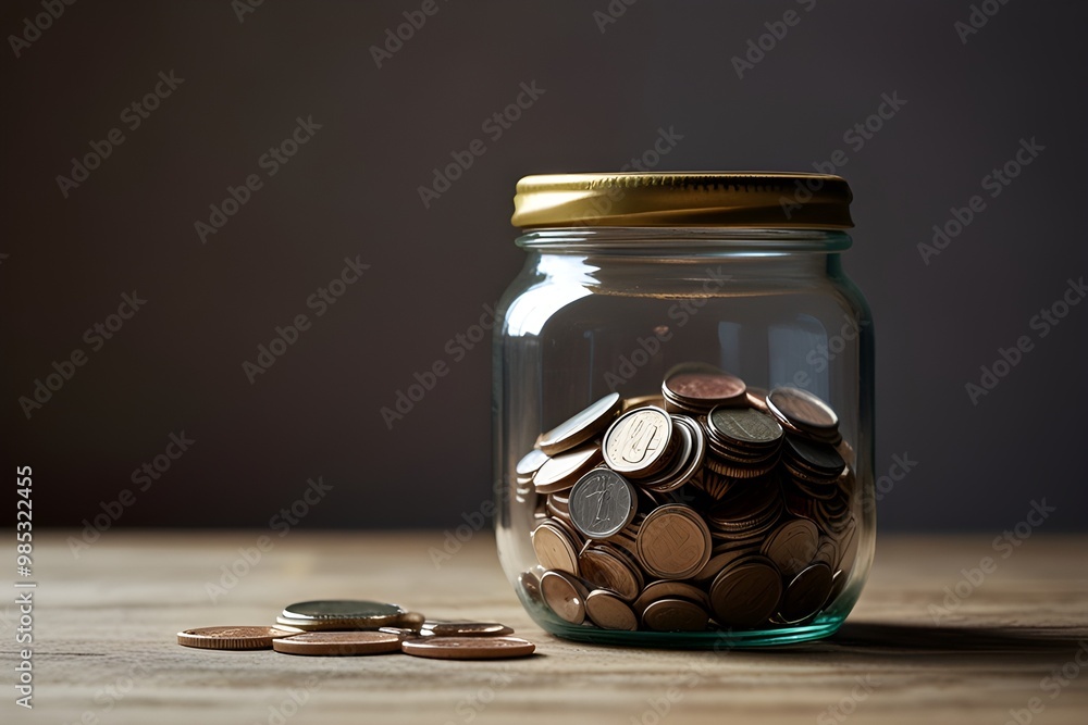 Saving jar. A glass jar filled with coins, representing saving for the future. Saving jar. A glass jar filled with coins, representing saving for the future.