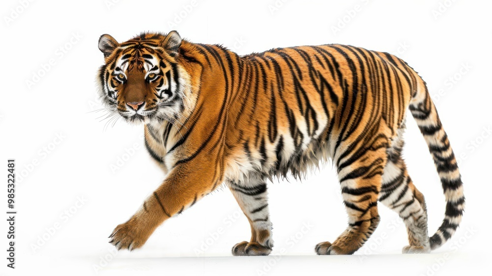 Obraz premium prowling tiger. An elegant depiction of a prowling tiger, poised and determined against a light, light background.