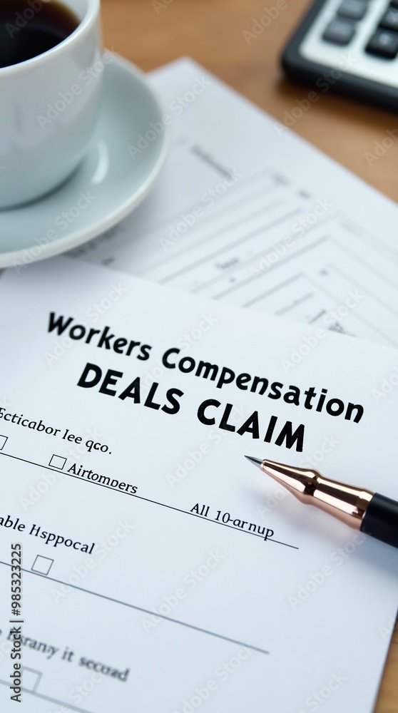 Workers compensation claim form with pen and documents Workers compensation claim form with pen and documents