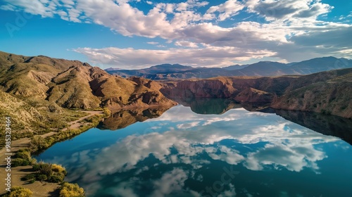 Aerial view of Atuel Canyon with cloudy sky reflection on serene lake water. Majestic mountains surround scenic valley. Clouds mirrored on surface of lake create beautiful and peaceful atmosphere.