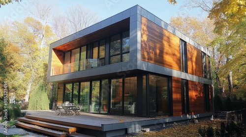 A modern cube-shaped home with alternating wood and metal panels, creating a sleek, geometric design. Sunlight reflecting on metal surfaces for a warm and cool contrast