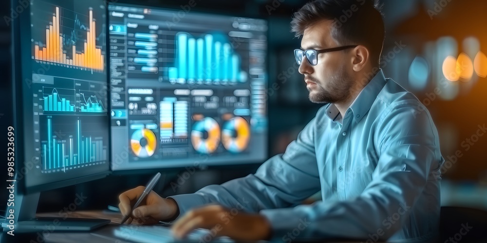 Analyst using software for data and finance Analyst using software for data and finance
