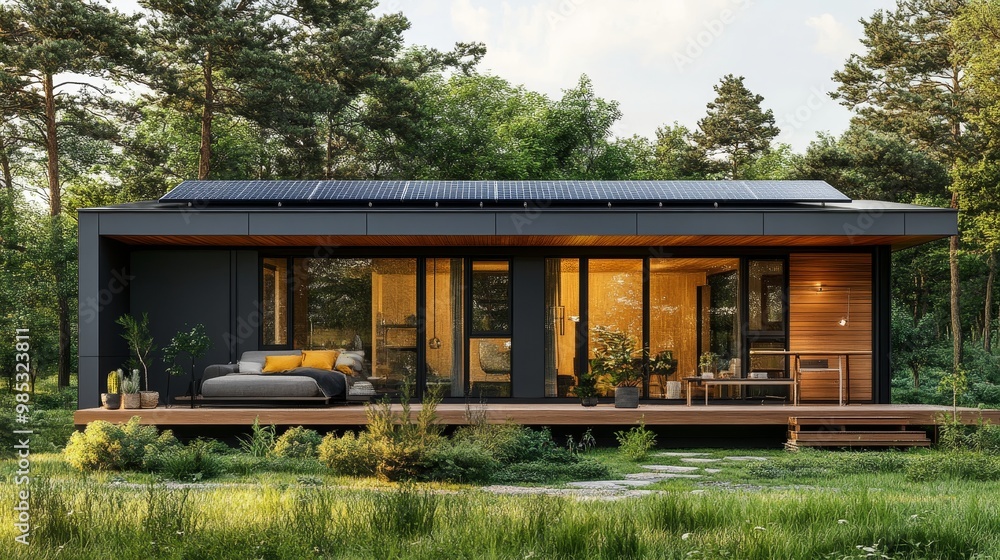 A modular cube home with solar panels integrated into the roof and wood accents for warmth A modular cube home with solar panels integrated into the roof and wood accents for warmth
