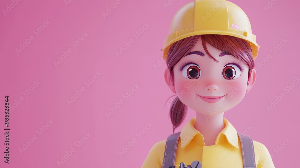 A cheerful cartoon character in a construction helmet holding tools against a pink background. A cheerful cartoon character in a construction helmet holding tools against a pink background.