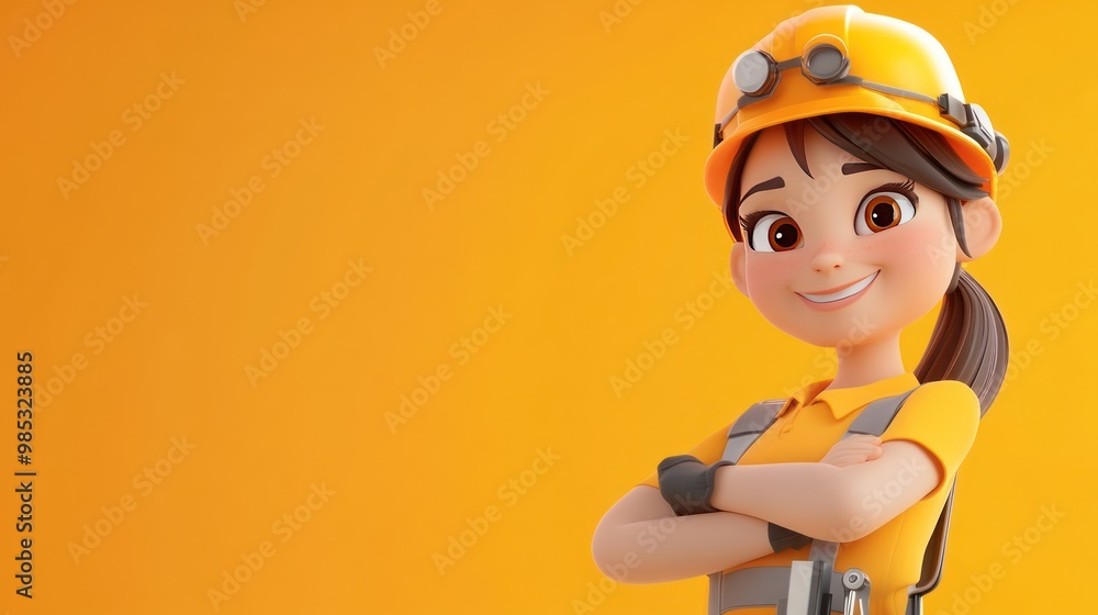 A cheerful cartoon character in a construction outfit with a helmet against an orange background. A cheerful cartoon character in a construction outfit with a helmet against an orange background.