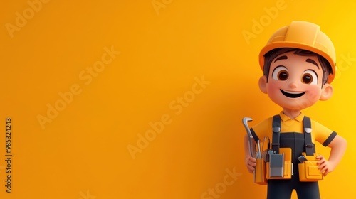 A cheerful cartoon character in a hard hat holding tools against a bright yellow background.