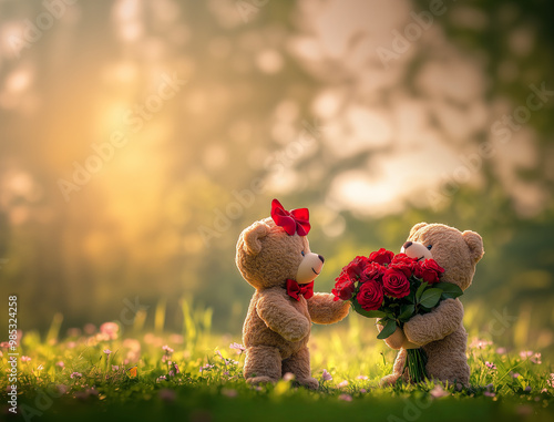 A teddy bear gives a bouquet of roses to his girlfriend.