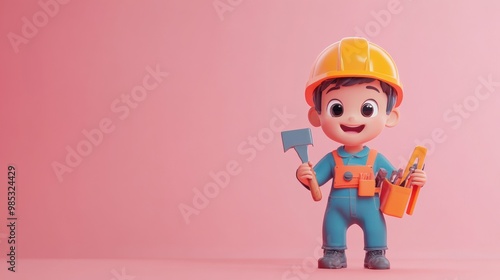 A cheerful cartoon boy in a construction outfit holding tools against a pink background.