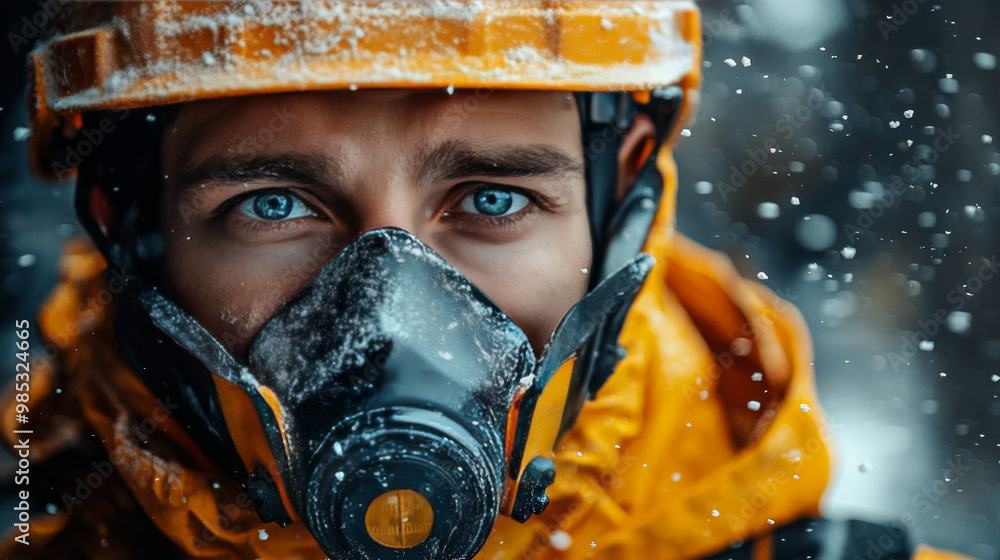 Close-up of a man wearing a respirator and helmet in the snow. Close-up of a man wearing a respirator and helmet in the snow.