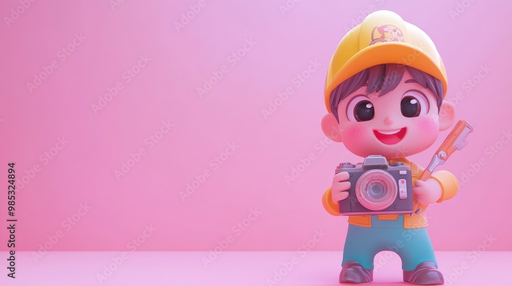 A cheerful cartoon character holding a camera on a pink background. A cheerful cartoon character holding a camera on a pink background.