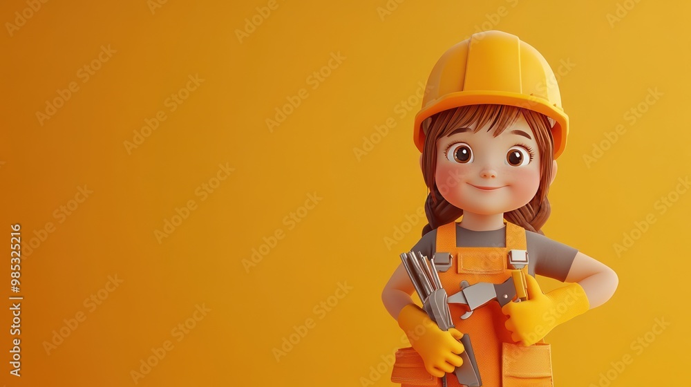 A cheerful girl in a construction outfit holding tools against a bright orange background. A cheerful girl in a construction outfit holding tools against a bright orange background.