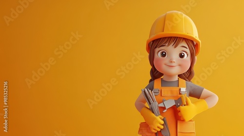 A cheerful girl in a construction outfit holding tools against a bright orange background.