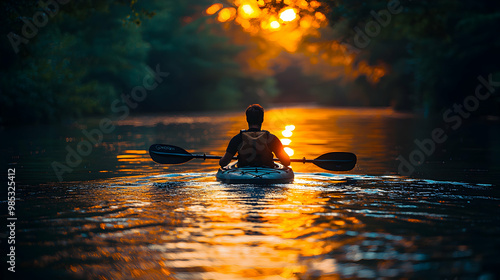 Fototapeta Naklejka Na Ścianę i Meble -  A person kayaking on a calm river at dusk, the water reflecting the hues of the sunset and the paddles creating gentle ripples in the water