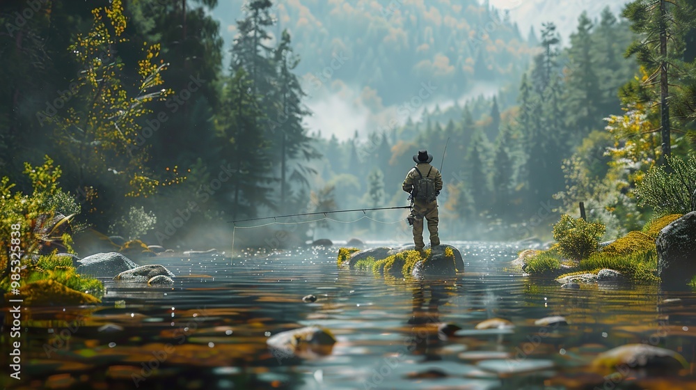 Peaceful Fishing Scene in a Misty Forest River Peaceful Fishing Scene in a Misty Forest River