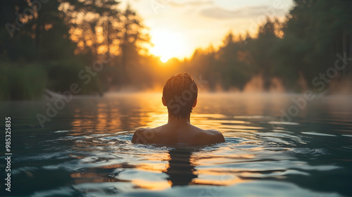 A person swimming in a secluded lake, the calm water reflecting the surrounding forest and the warm evening light creating a tranquil mood