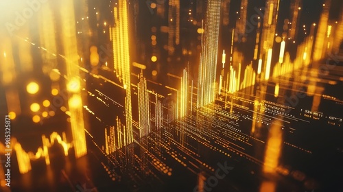 Dynamic abstract representation of data visualization with golden lines and glowing particles against a dark background.