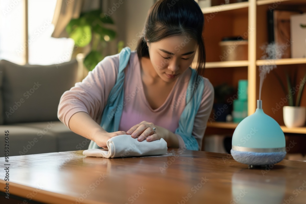 Woman in casual attire cleaning table with rag, diffuser at home. Asian woman wearing gloves, domestic chores, indoor lifestyle, housework, hygiene, cleanliness, domestic service, homemaker, Woman in casual attire cleaning table with rag, diffuser at home. Asian woman wearing gloves, domestic chores, indoor lifestyle, housework, hygiene, cleanliness, domestic service, homemaker,