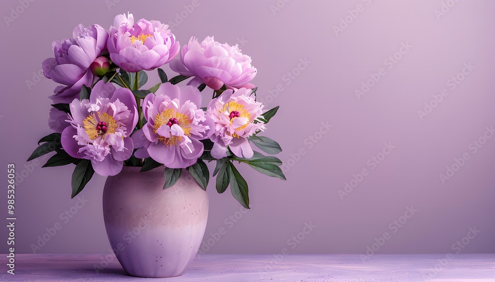 Fototapeta premium Lilac peony flowers frame on purple background