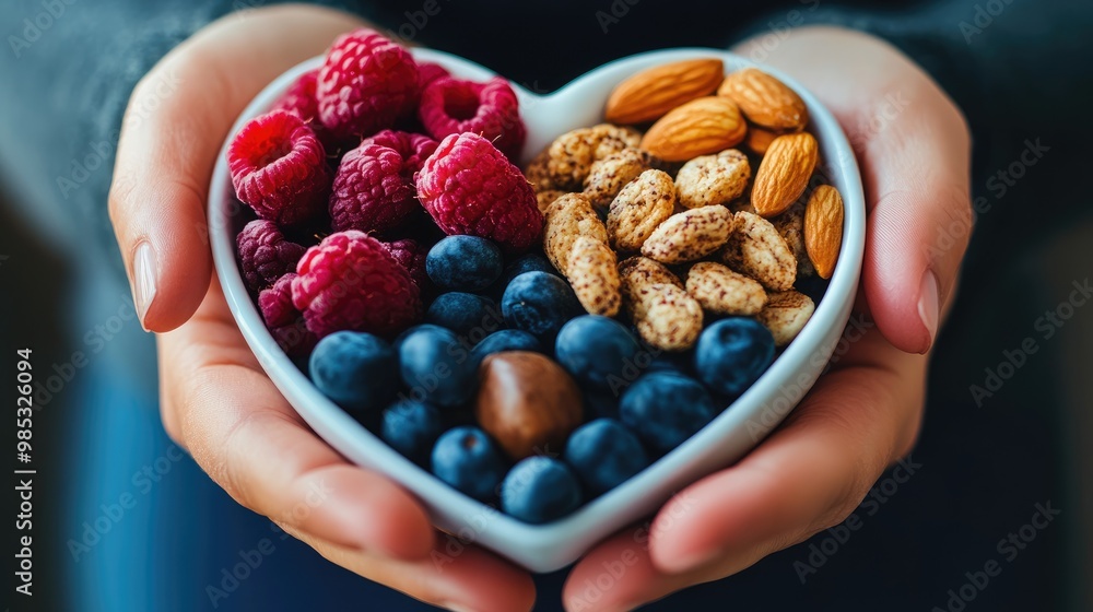 Close-up of a person hands holding a heart-shaped bowl of heart-healthy snacks, promoting balanced nutrition Close-up of a person hands holding a heart-shaped bowl of heart-healthy snacks, promoting balanced nutrition