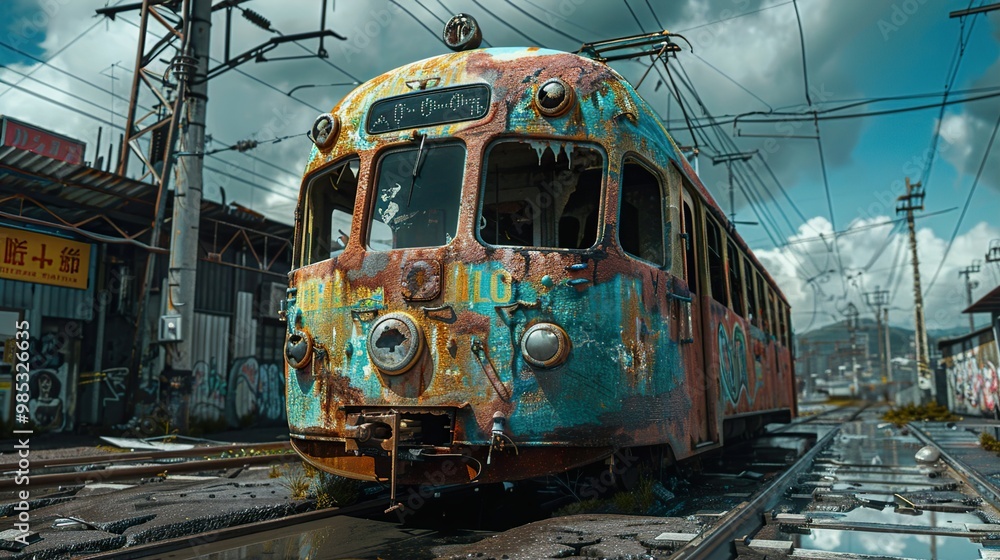 Fototapeta premium Rusty Abandoned Train on Tracks in Urban Setting