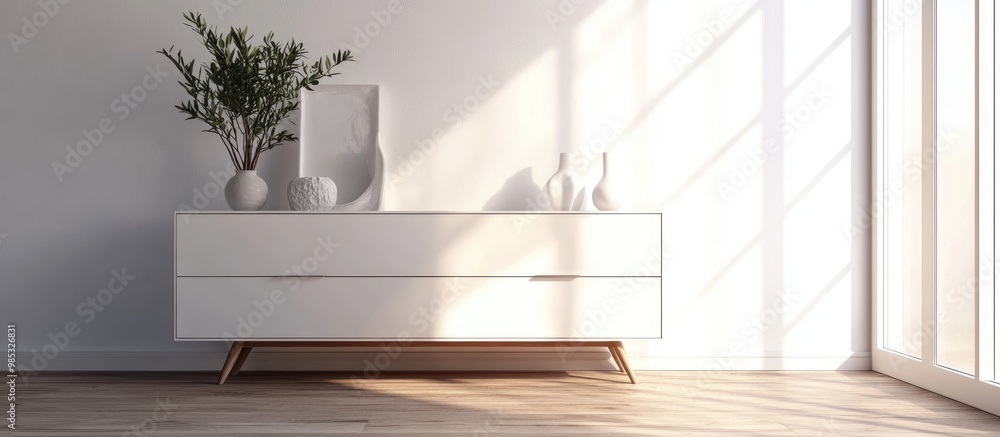 Minimalist white interior featuring a dresser on wooden flooring large wall decor and a white landscape visible through the window Modern Nordic design 3D illustration Minimalist white interior featuring a dresser on wooden flooring large wall decor and a white landscape visible through the window Modern Nordic design 3D illustration