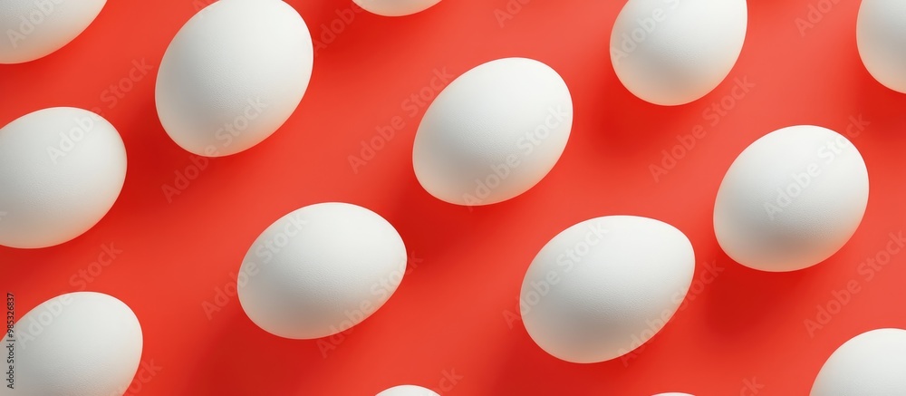 Collection of white eggs arranged on a coral backdrop Aerial perspective vertical orientation 3D render illustration Collection of white eggs arranged on a coral backdrop Aerial perspective vertical orientation 3D render illustration
