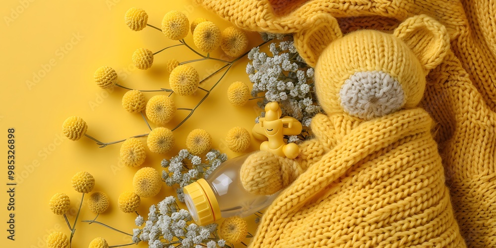Baby toy and bottle on yellow background Baby toy and bottle on yellow background