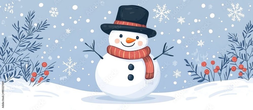 Fototapeta premium Cute snowman character wearing a black hat Celebrating Christmas and New Year Charming greeting card decor Flat illustration design